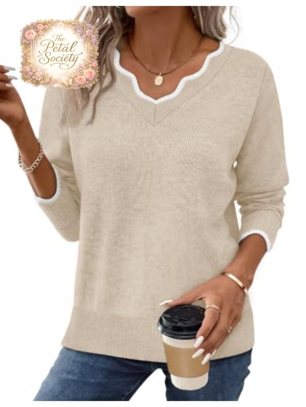 V Neck Pullover Sweater Cozy Lightweight Long Sleeve Fall Top